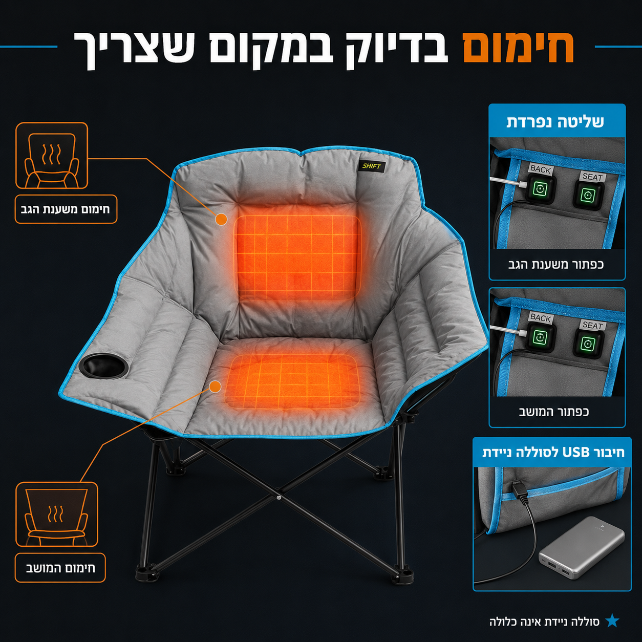 כיסא קמפינג סלוני מחומם SHFT – חימום נפרד למושב ולמשענת | עד 160 ק״ג – תמונה 4